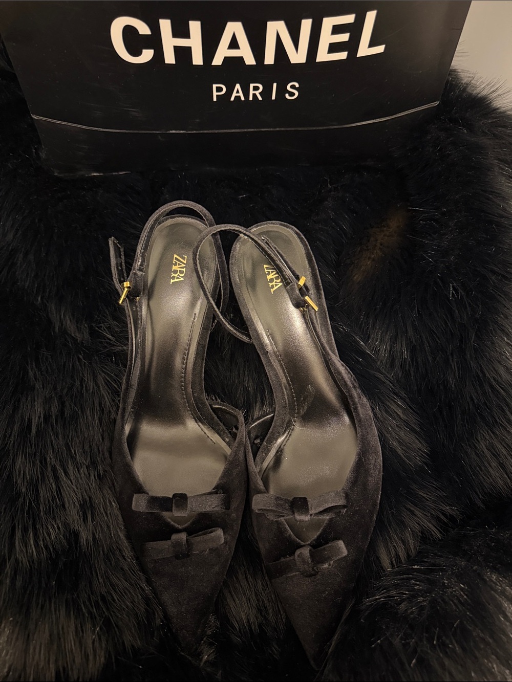 ZARA Black Pointed Bow Slingback Heels